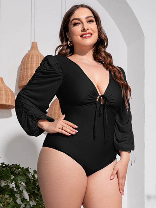 Plus Size One Piece Swimsuit with Tied Deep V and Balloon Sleeves - Redemption By Ashley North
