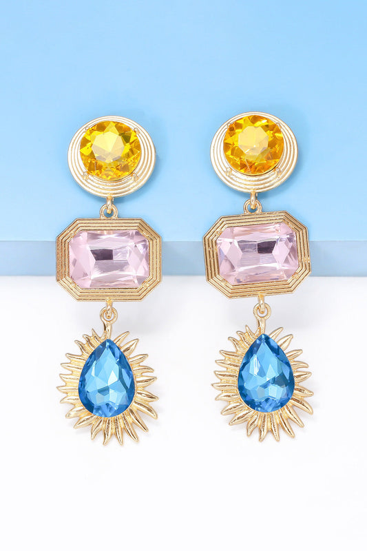 Geometrical shape zinc alloy frame glass dangle earrings with yellow, pink, and blue stones