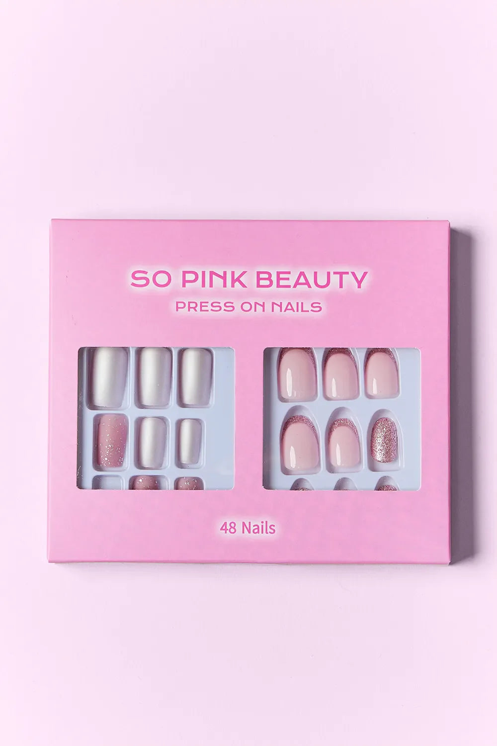 So Pink Beauty Press On Nails two-pack with 48 versatile pink and glitter designs