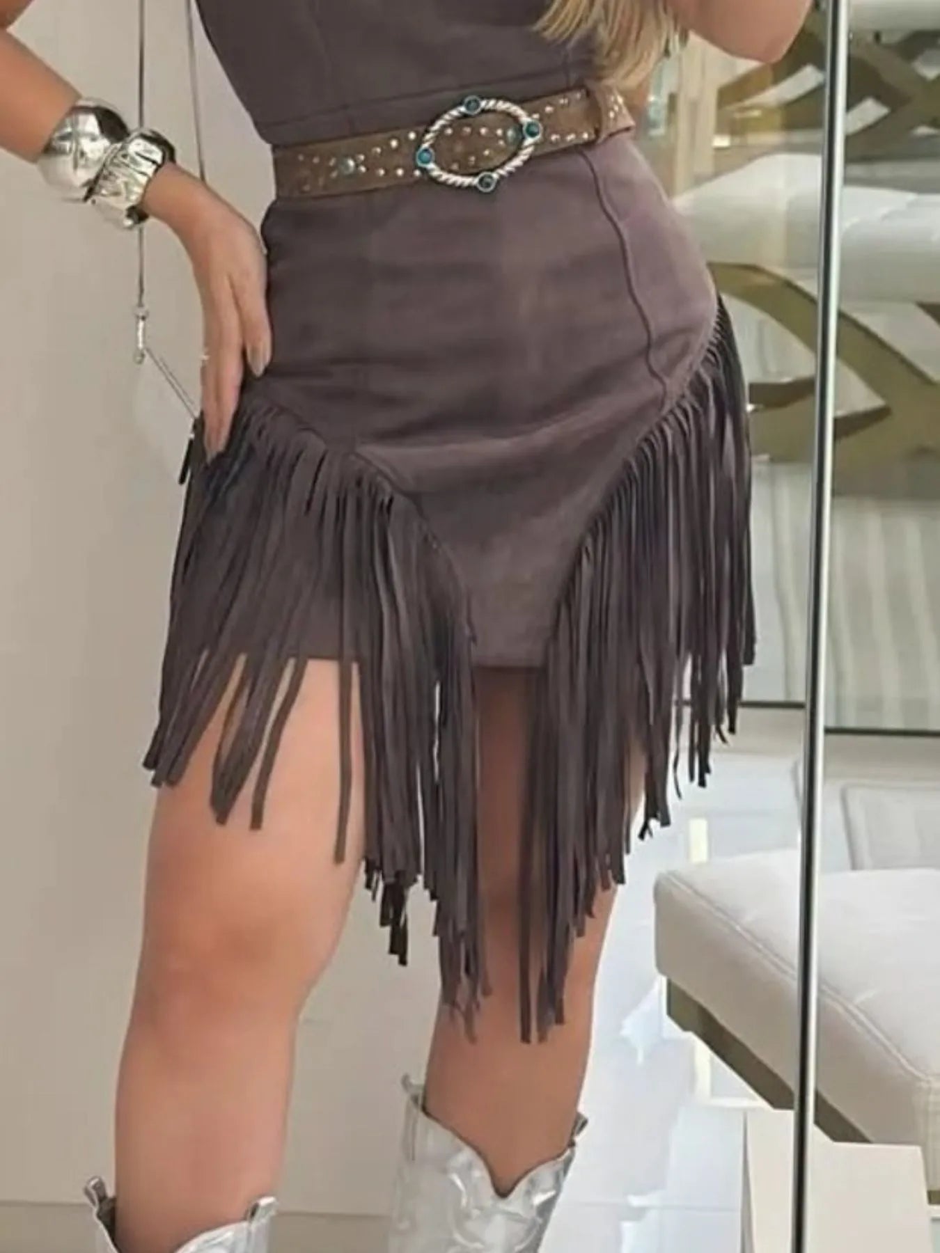 Fringe Bodycon Mini Dress with Square Neck Design.