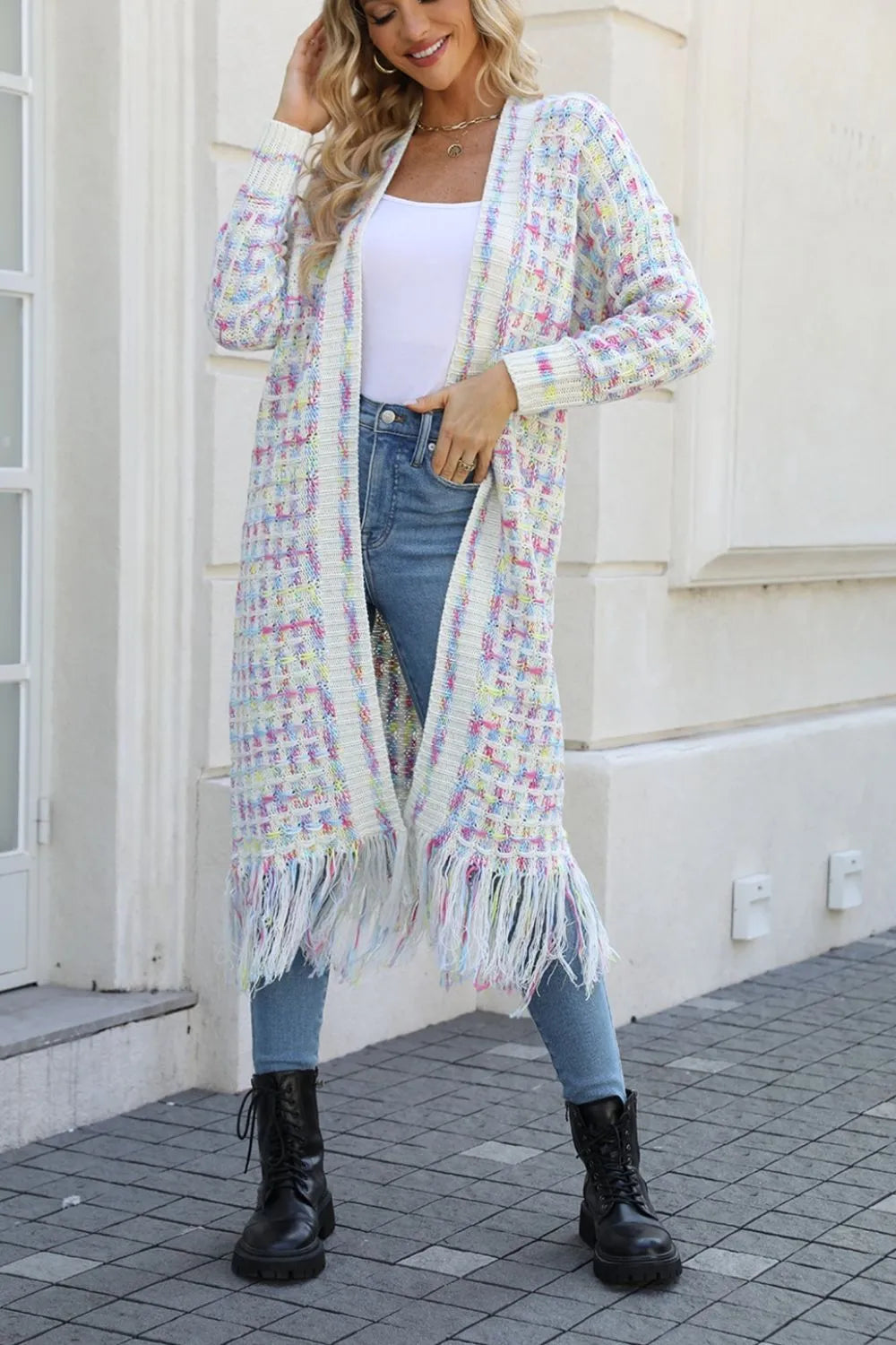 Angel Wings Full Size Multicolored Open Front Fringe Hem Cardigan.