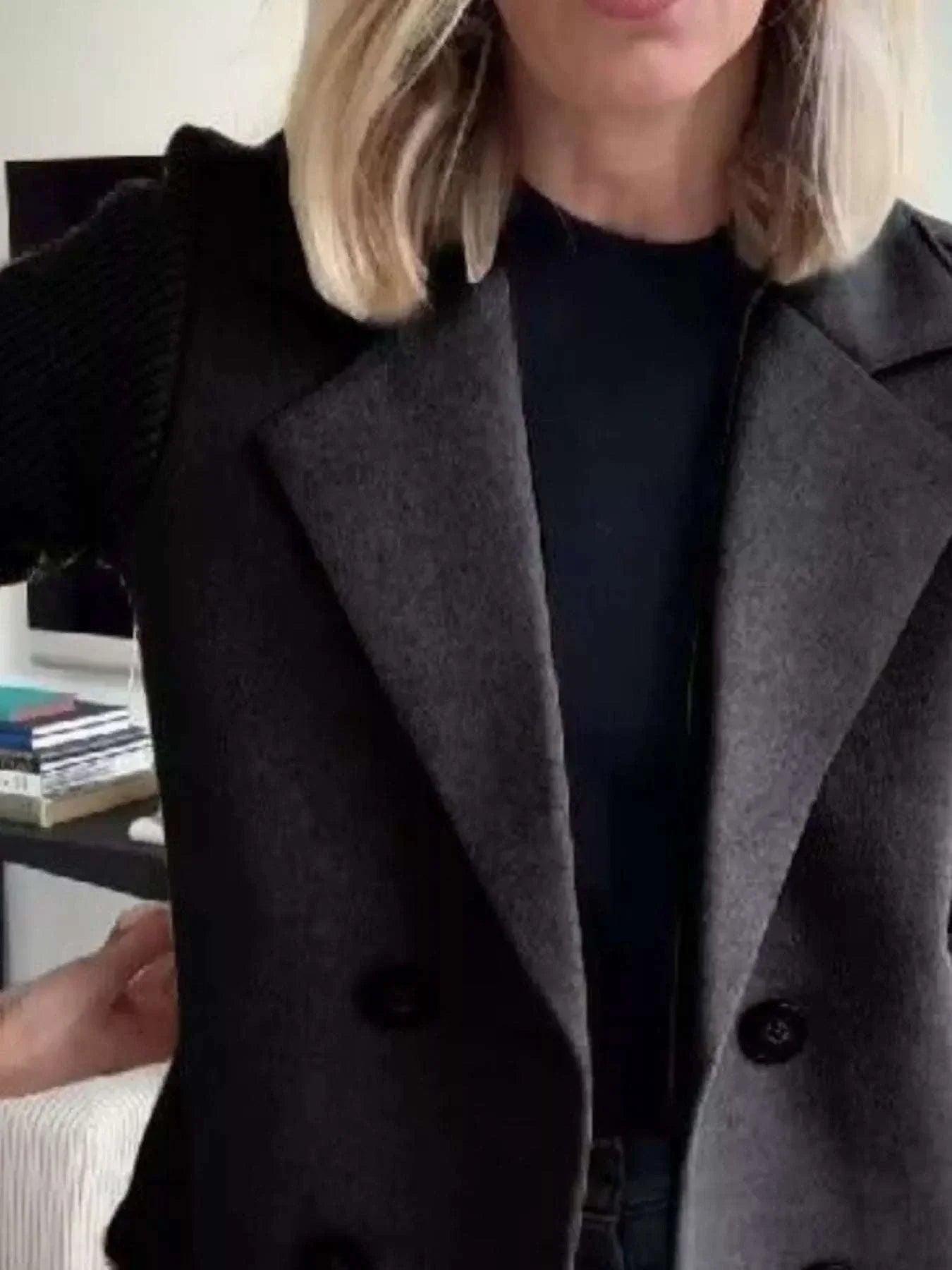 plus size double-breasted outerwear with full size knit sleeves in black polyester