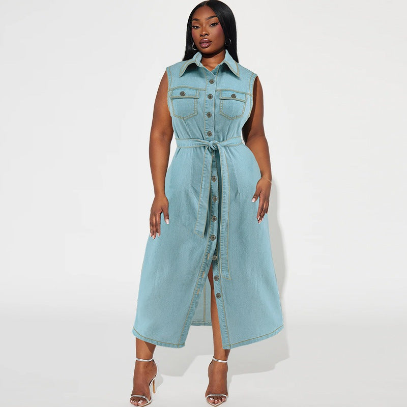 Plus size sleeveless denim dress with lapel collar and waist tie, front button closure