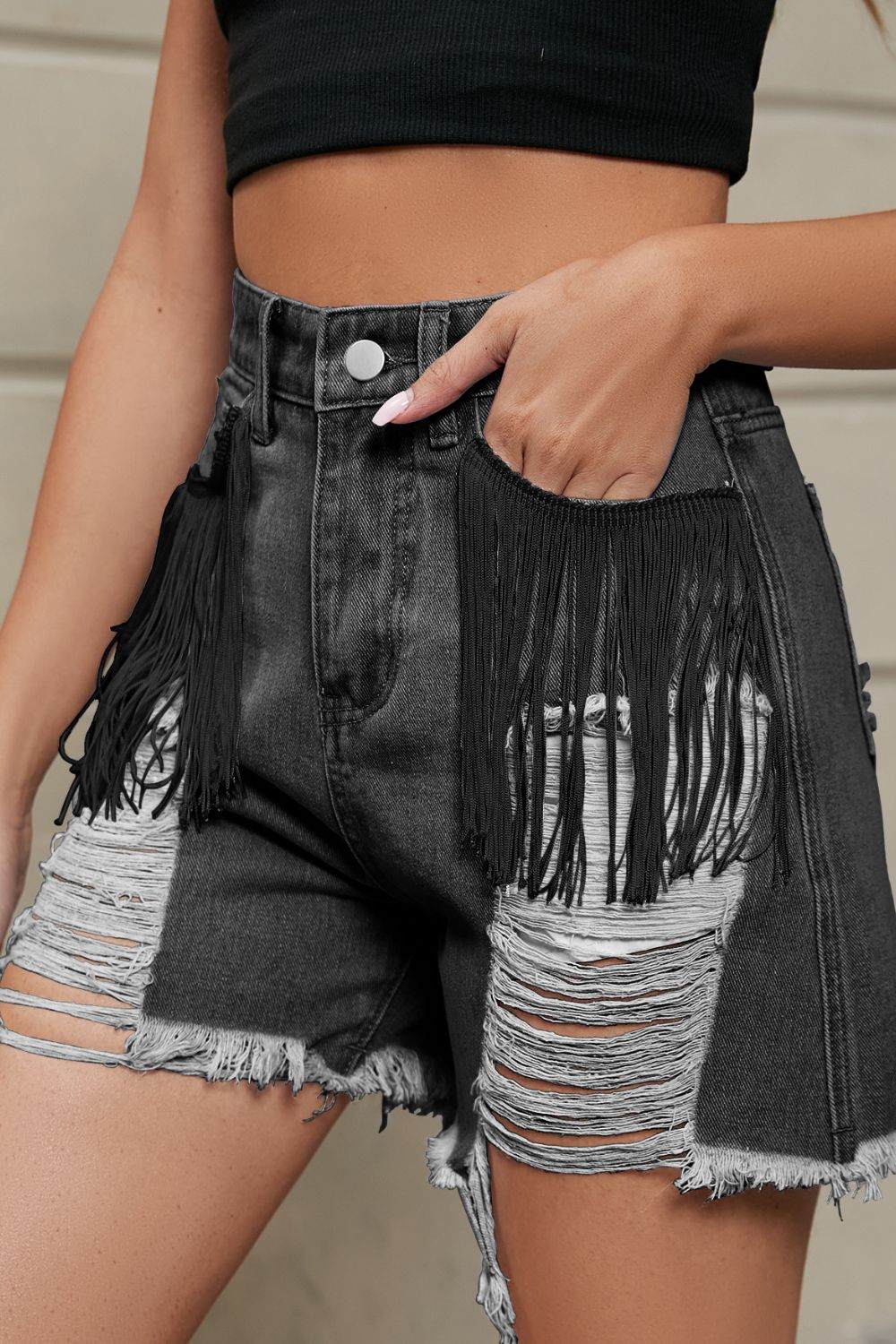 Fringe Trim Denim Shorts with Pockets - Distressed Style - Redemption By Ashley North
