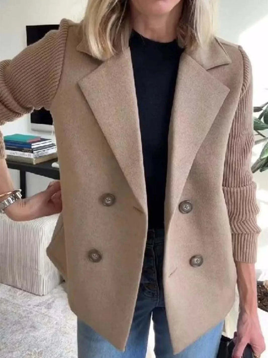 Plus size double-breasted outerwear with full size knit sleeves in beige