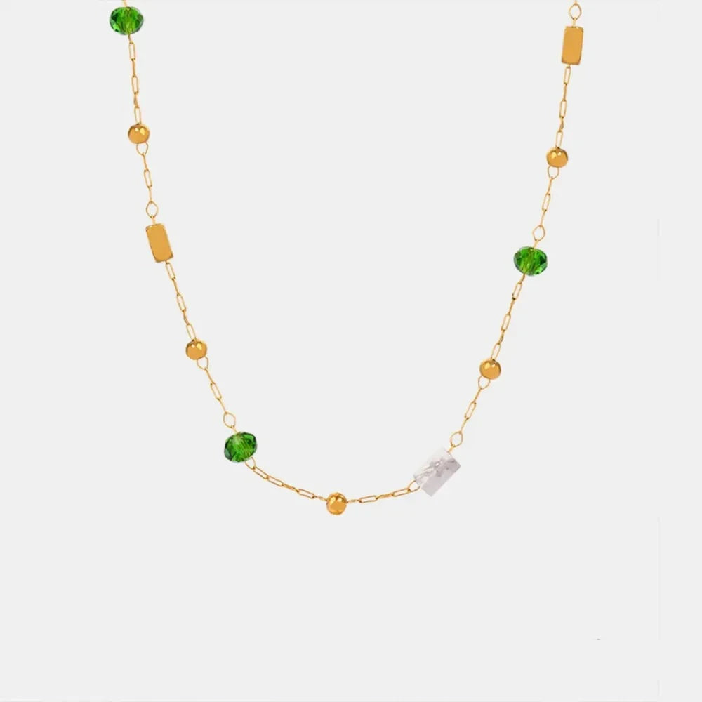Titanium steel gold-plated bead necklace with green malachite and synthetic pearl accents