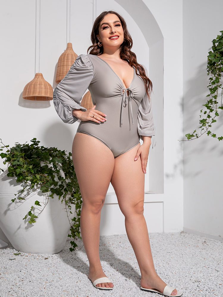 Plus Size One Piece Swimsuit with Tied Deep V and Balloon Sleeves - Redemption By Ashley North