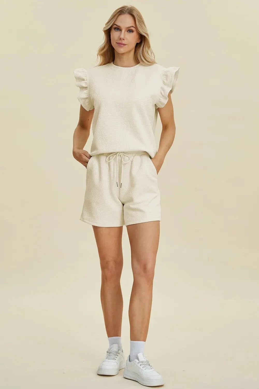 Double Take Ruffle Sleeve Top and Shorts Set - Full Size Texture Set - Redemption By Ashley North