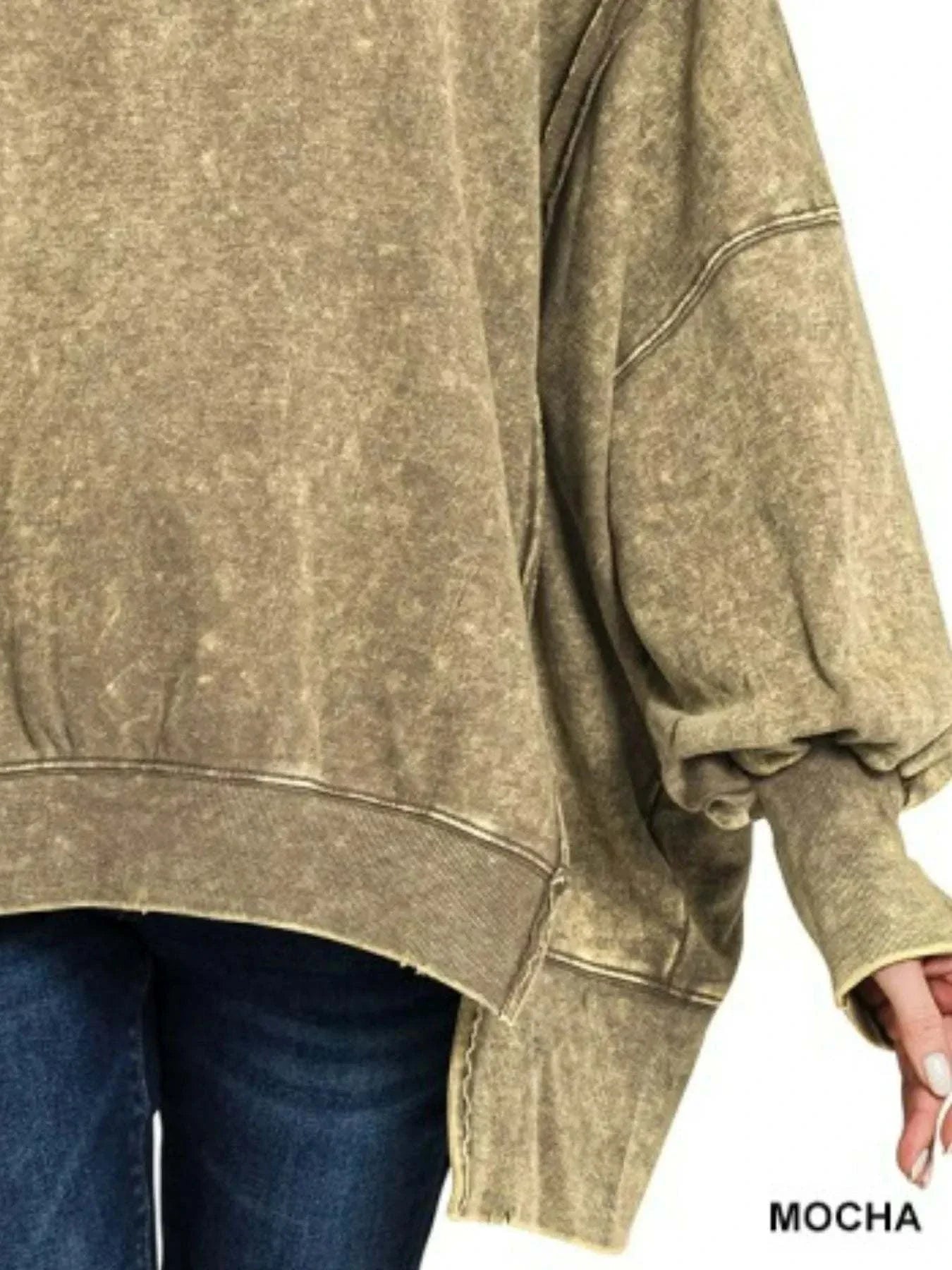 Zenana Acid Wash sweatshirt with exposed seams and high-low hem in mocha color