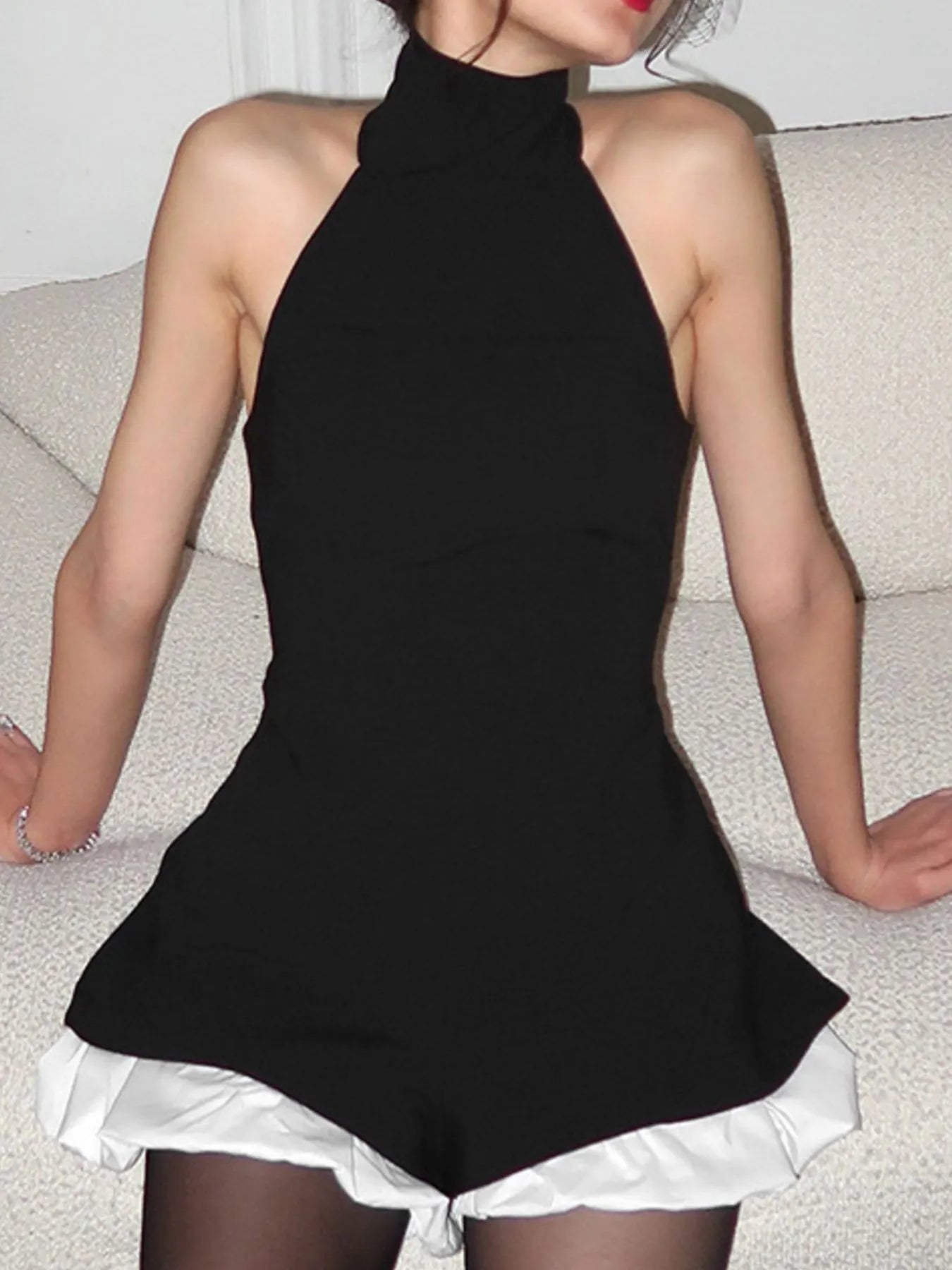 Halter Neck Ruffled Hem Romper - Stylish Halter Neck Romper for Effortless Summer Vibes.