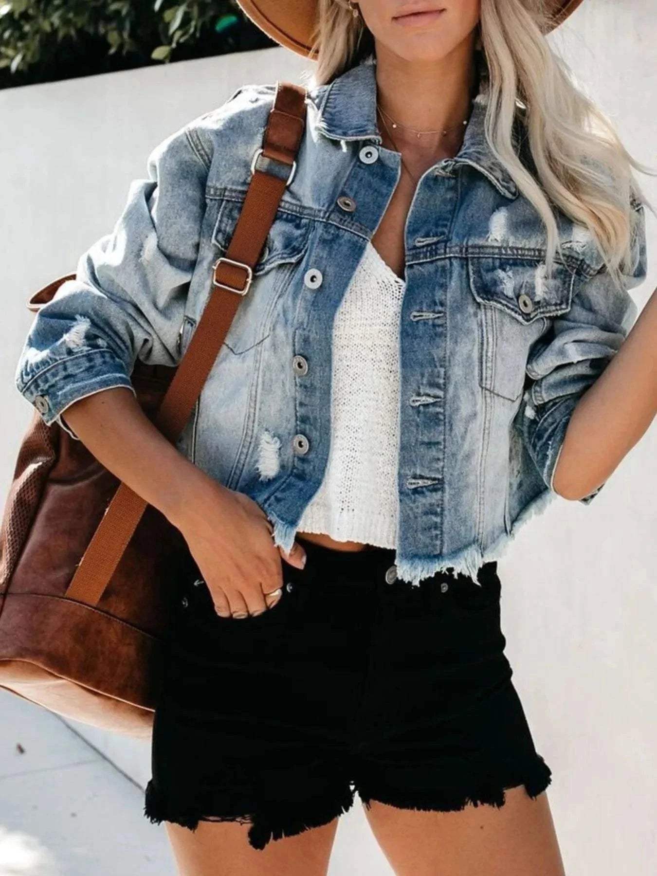 Distressed Denim Jacket with Raw Hem - Redemption By Ashley North