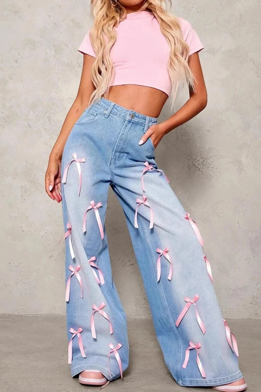 Bow Wide Leg Denim Jeans with Decorative Bow Detail - Redemption By Ashley North