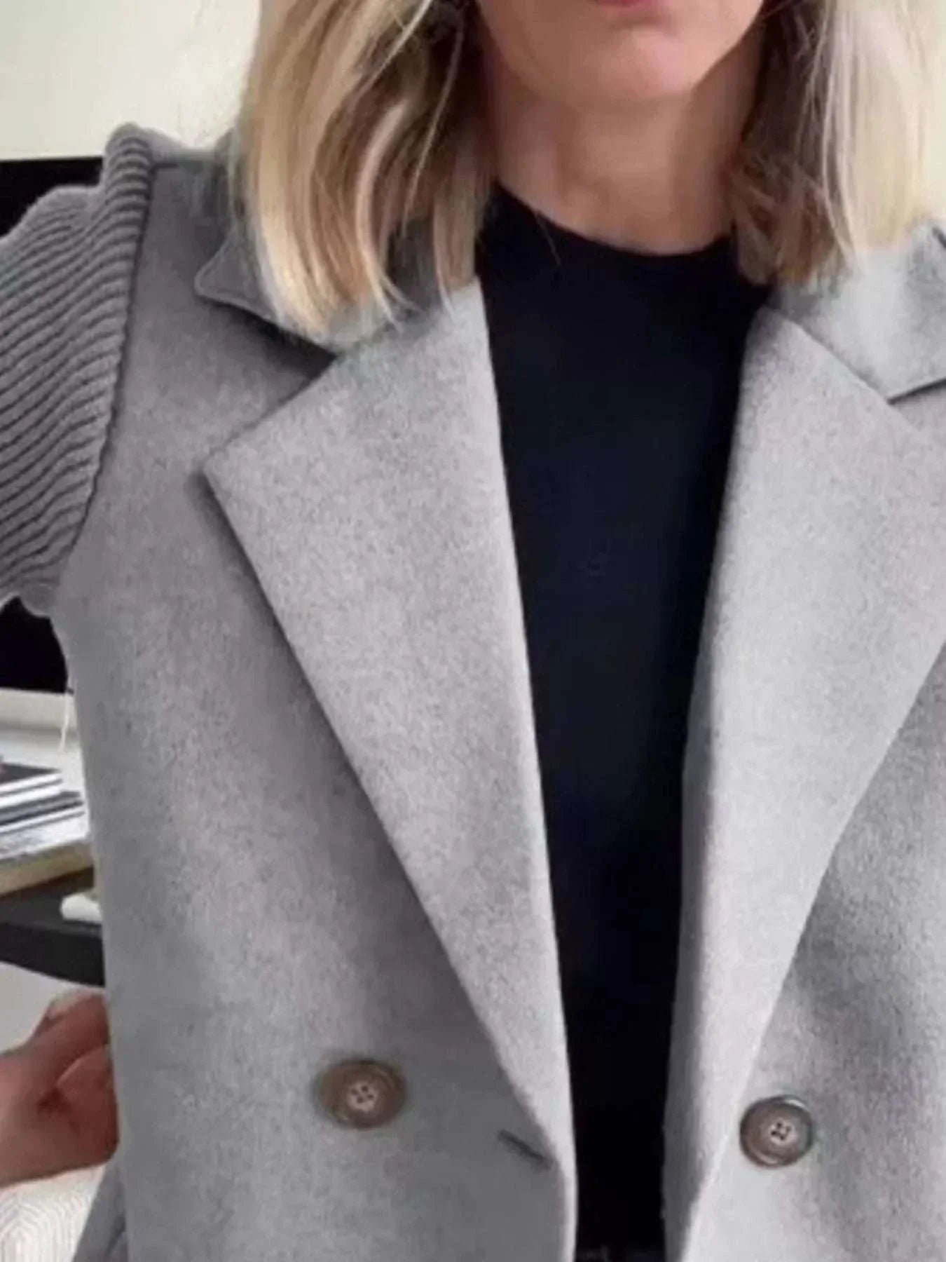 Plus size double-breasted outerwear with full size knit sleeves in gray wool blend