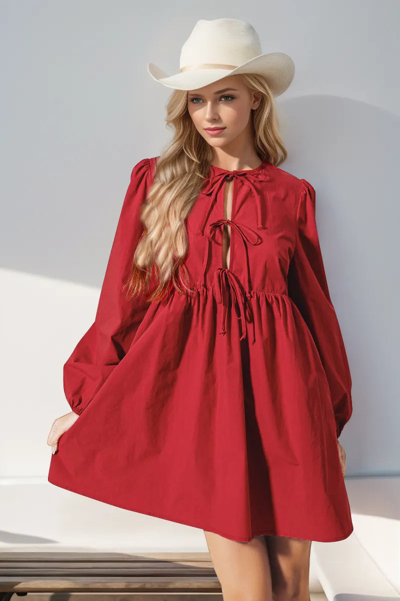 Double Take Christmas Front Tied Long Sleeve Mini Dress.