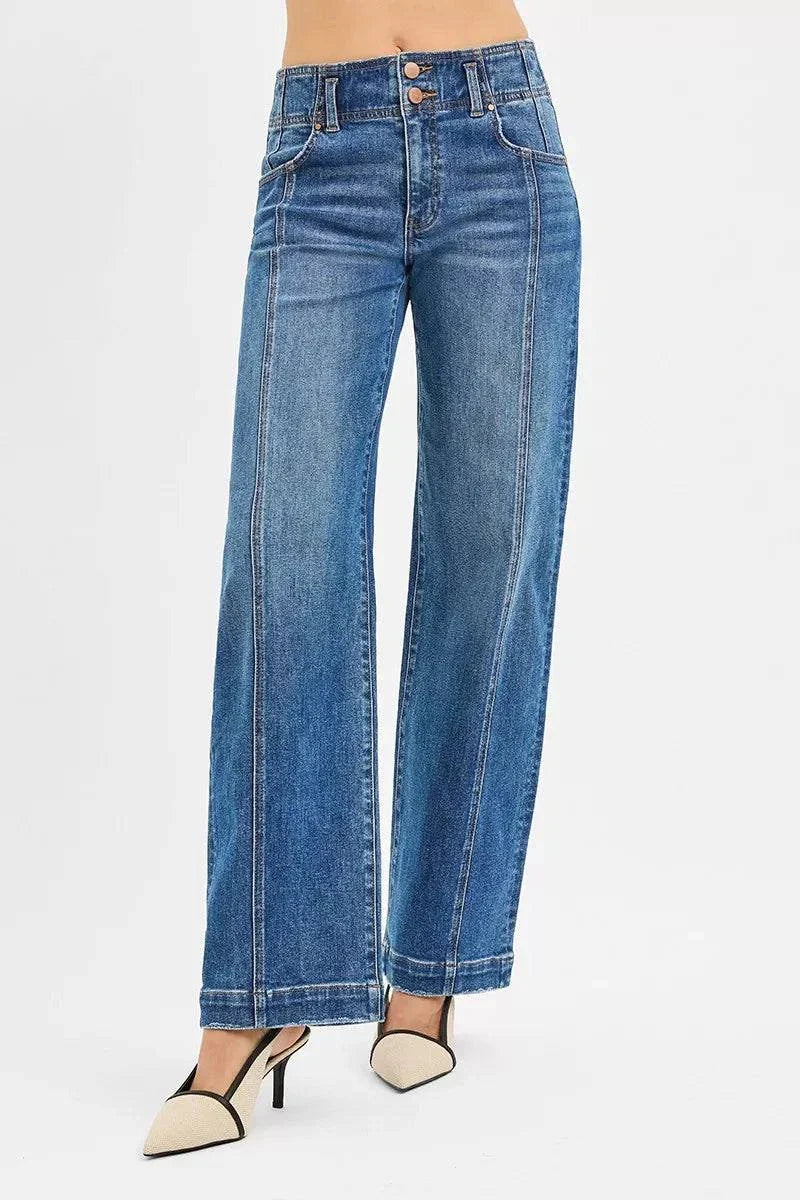 RISEN Mid Rise Fit wide baggy jeans in blue denim with buttoned waist and pockets, slightly stretchy fabric.