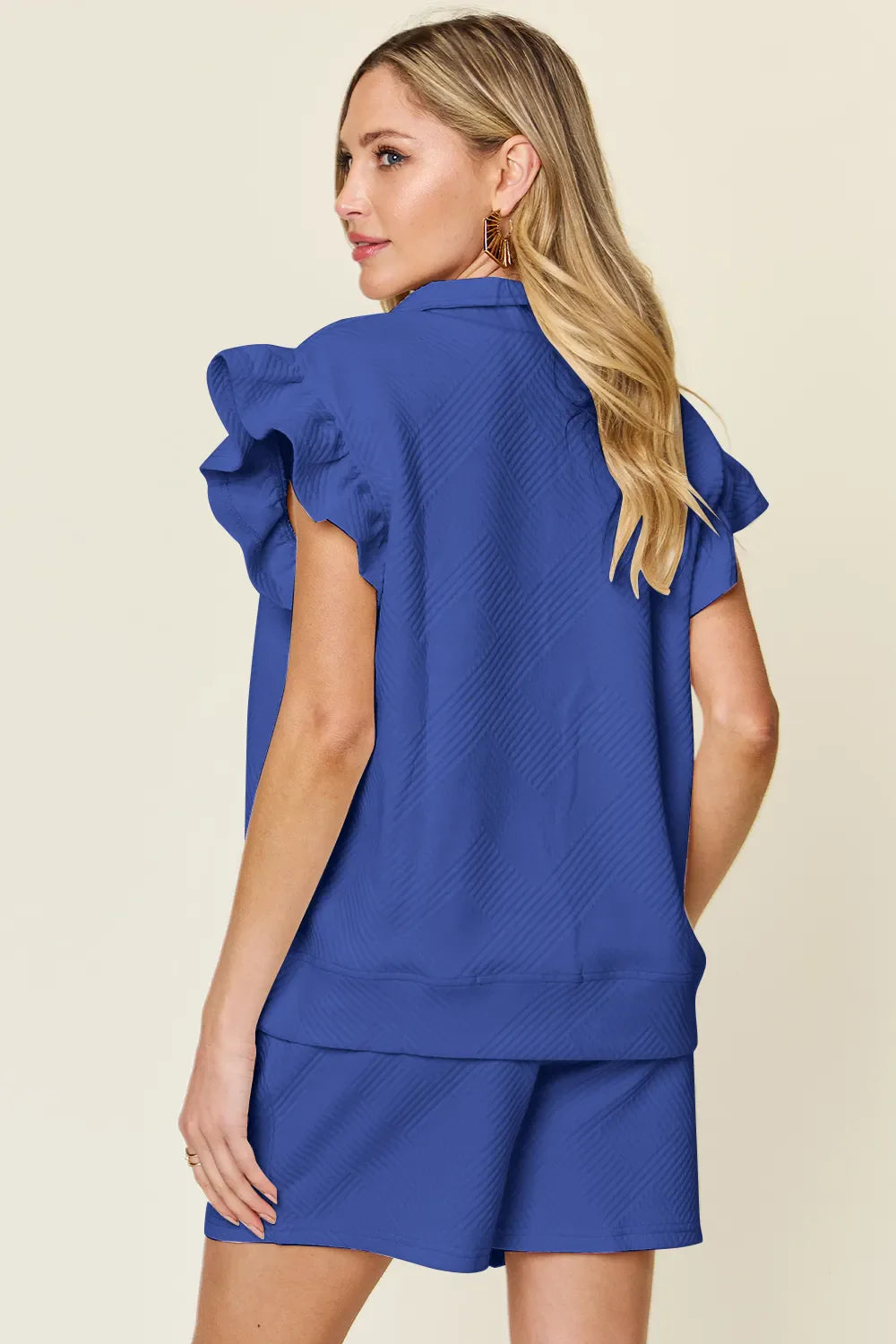 Double Take full size blue texture flounce sleeve top with drawstring shorts set