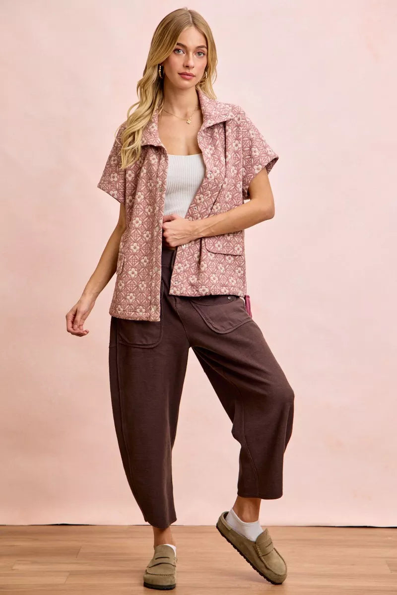 Woman wearing brown BiBi Washed Terry Pants with pockets styled casually