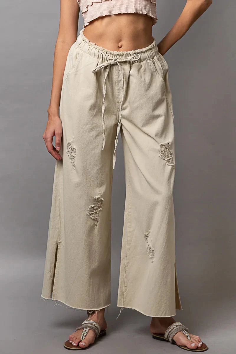 POL Distressed Drawstring Wide Leg Pants with Slit Detail - Redemption By Ashley North