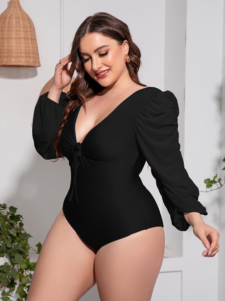 Plus Size One Piece Swimsuit with Tied Deep V and Balloon Sleeves - Redemption By Ashley North