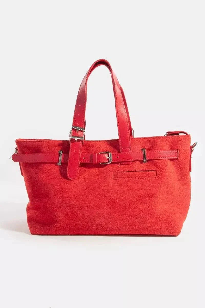 Fame Faux Leather red tote bag with buckle strap detail and medium size
