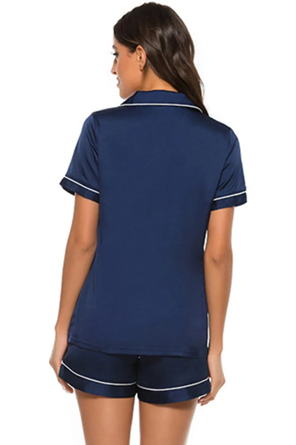 Printed Button Up two-piece navy blue short sleeve top and shorts lounge set with white piping details