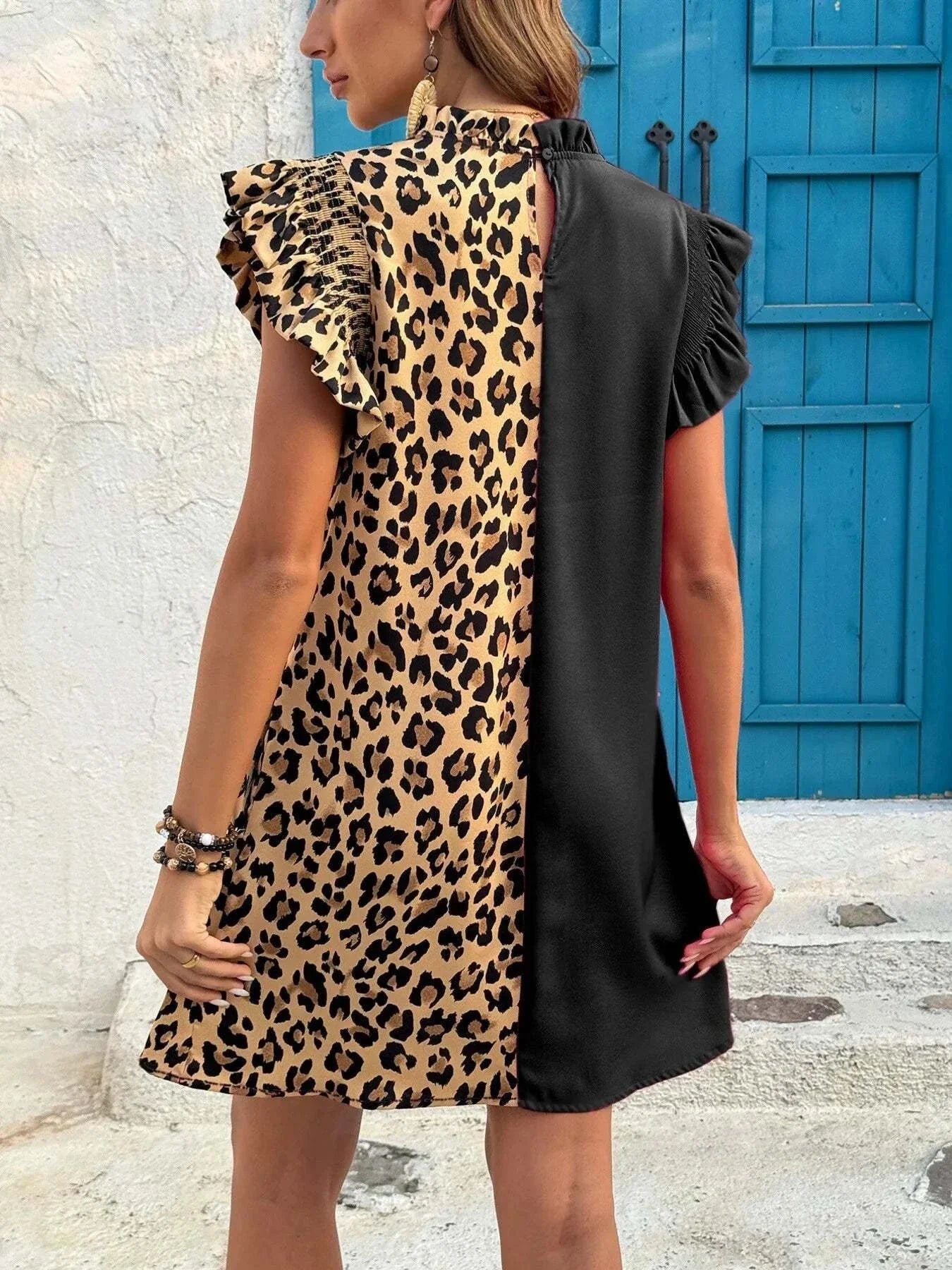 Leopard Color Block Dress with Ruffle Sleeves - Redemption By Ashley North