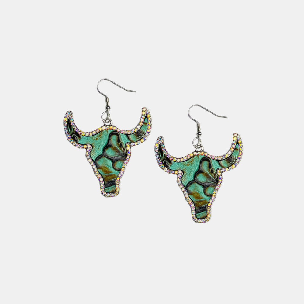 Western style rhinestone trim alloy bull-shaped earrings with colorful detailing