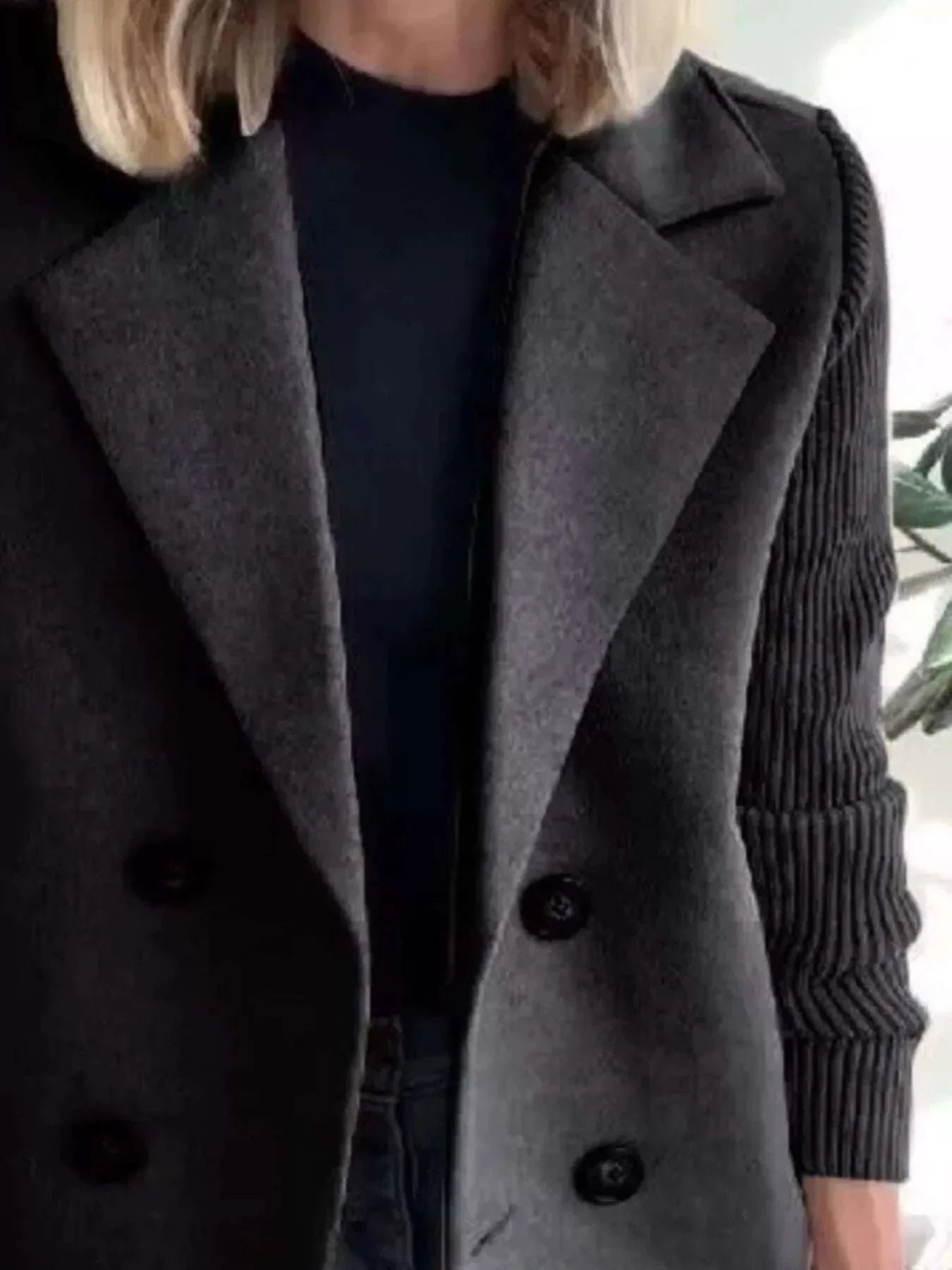 Plus size full size knit sleeve double-breasted outerwear with ribbed buttoned sleeves in black polyester