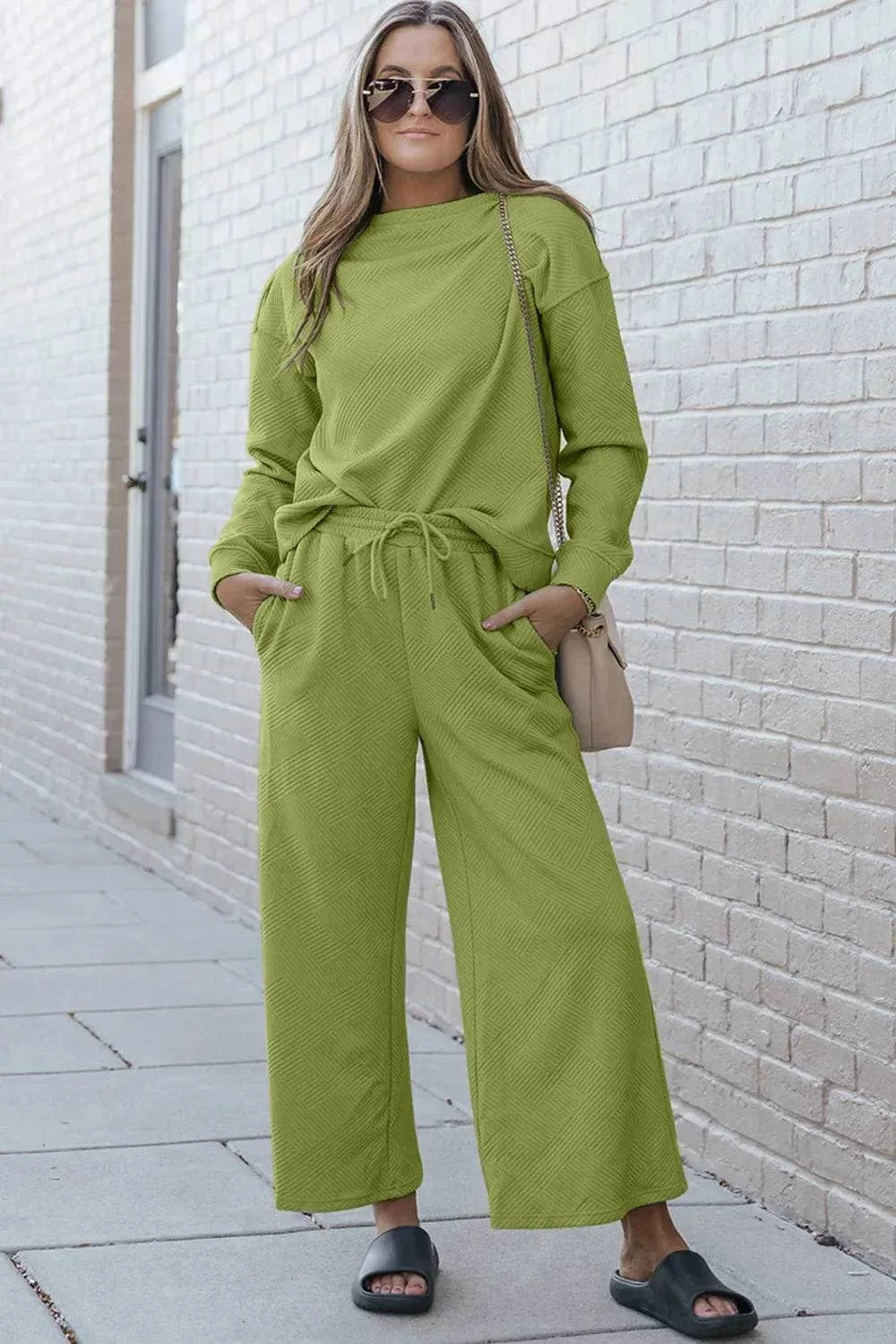 Textured Long Sleeve Set and Pants with Drawstring - Double Take Collection - Redemption By Ashley North