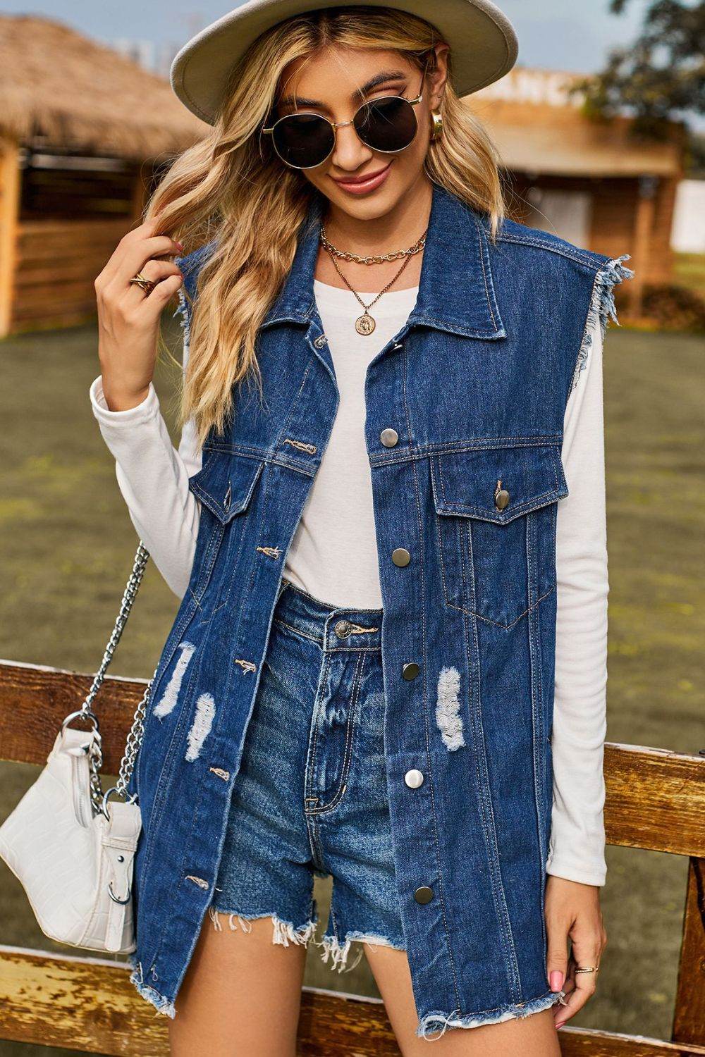 Sleeveless Denim Top - Button-Up Collared Design with Pockets - Redemption By Ashley North
