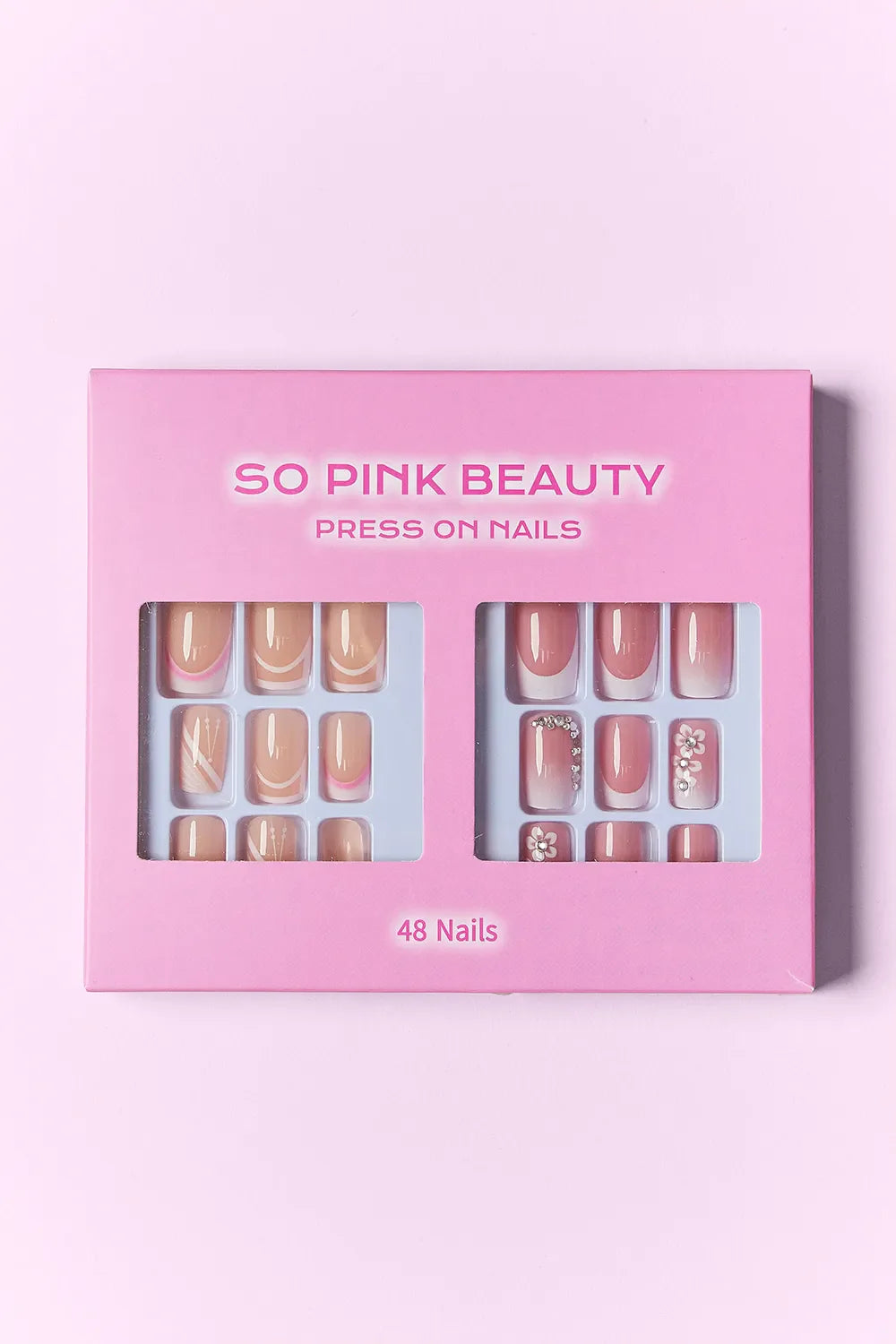 So Pink Beauty press on nails two pack with 48 pieces in nude and floral designs in pink packaging