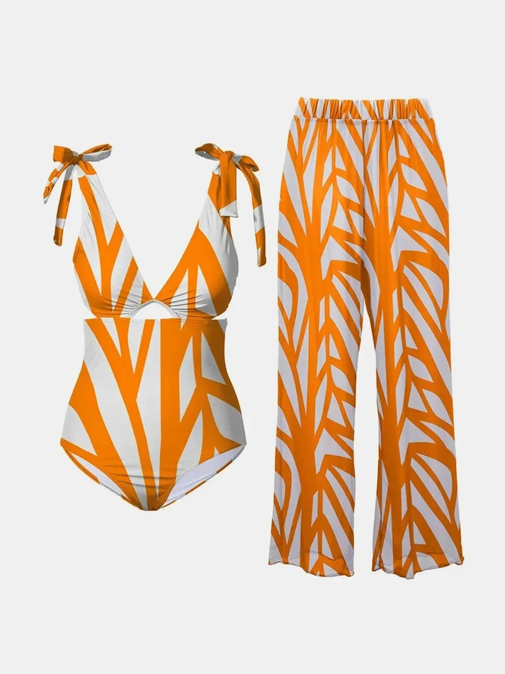 FAM-FAM Printed Tie Shoulder Swimwear with Matching Pants Set - Redemption By Ashley North