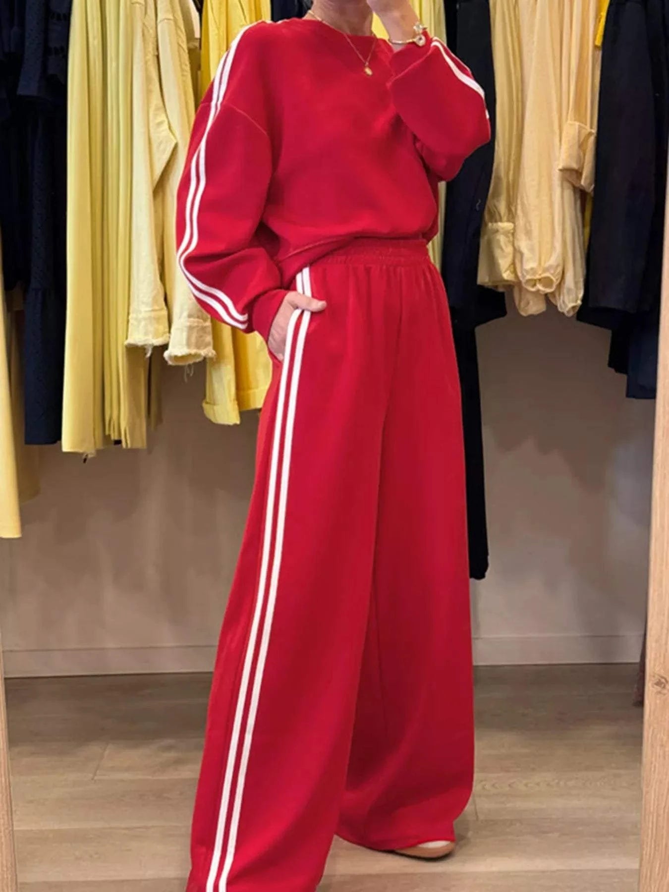 Red striped detail crewneck top with matching elastic waist sweatpants two-piece set
