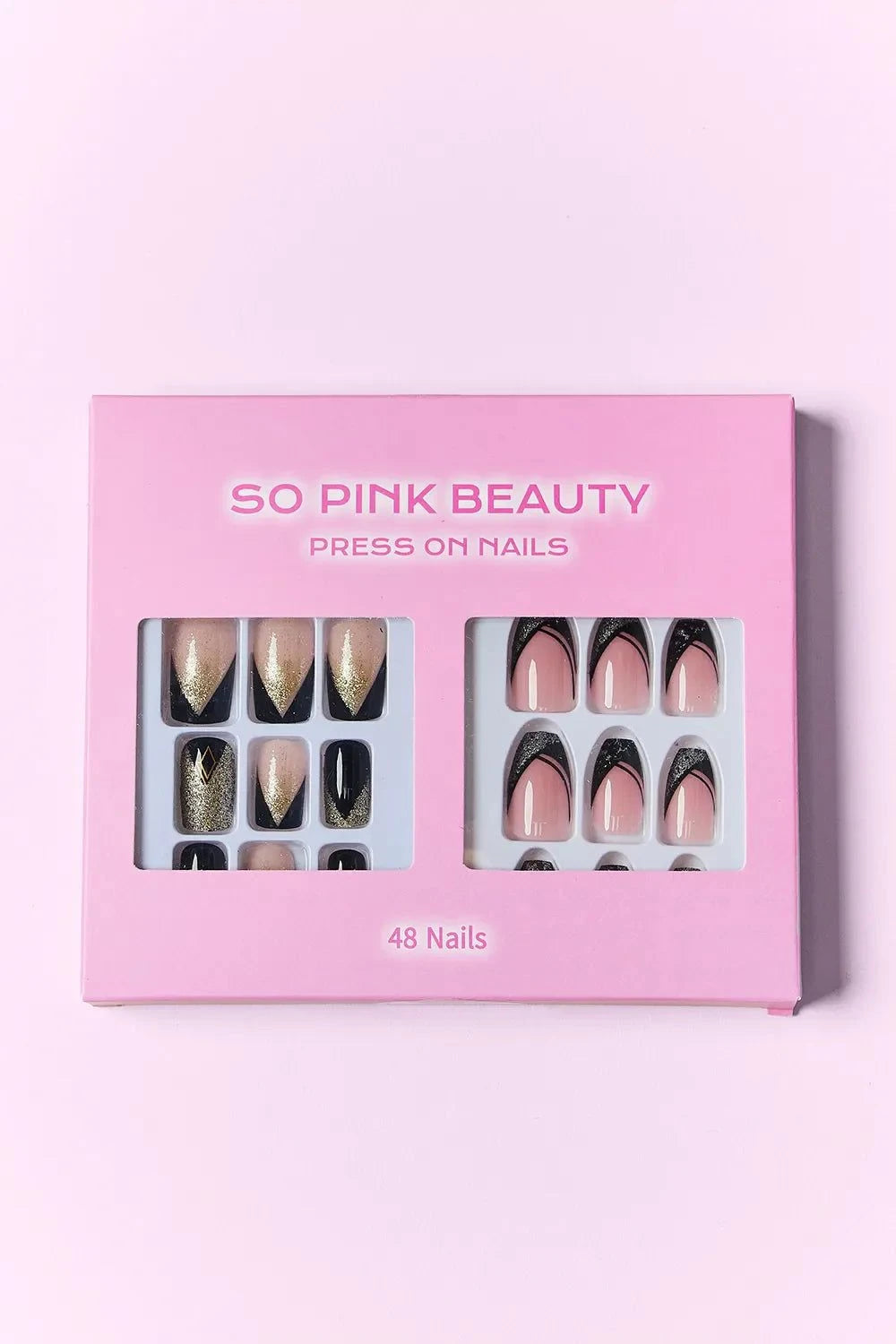 SO PINK BEAUTY press on nails two-pack with 48 stylish nails in pink and black designs