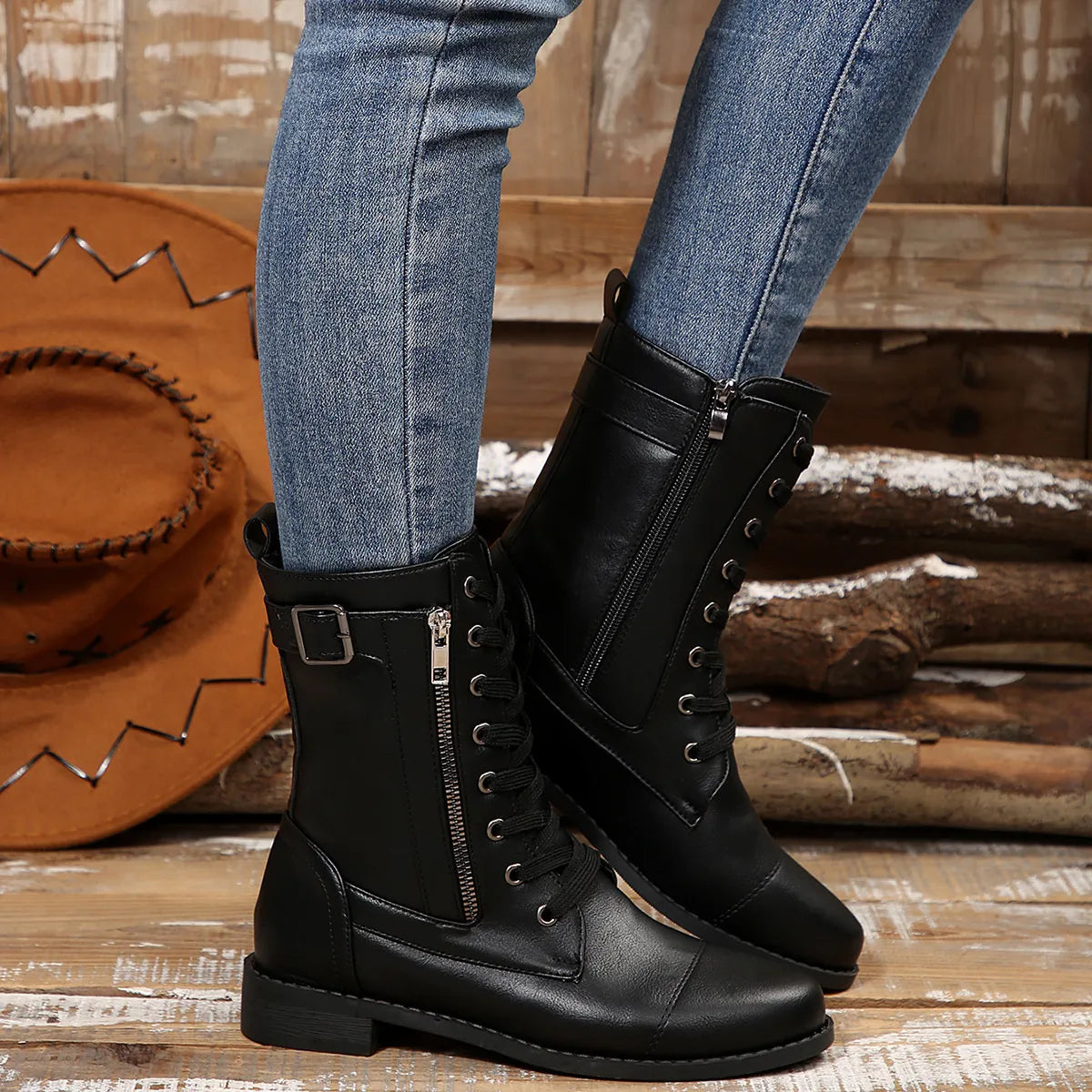 Round Toe Lace Up Block Heels Boots.