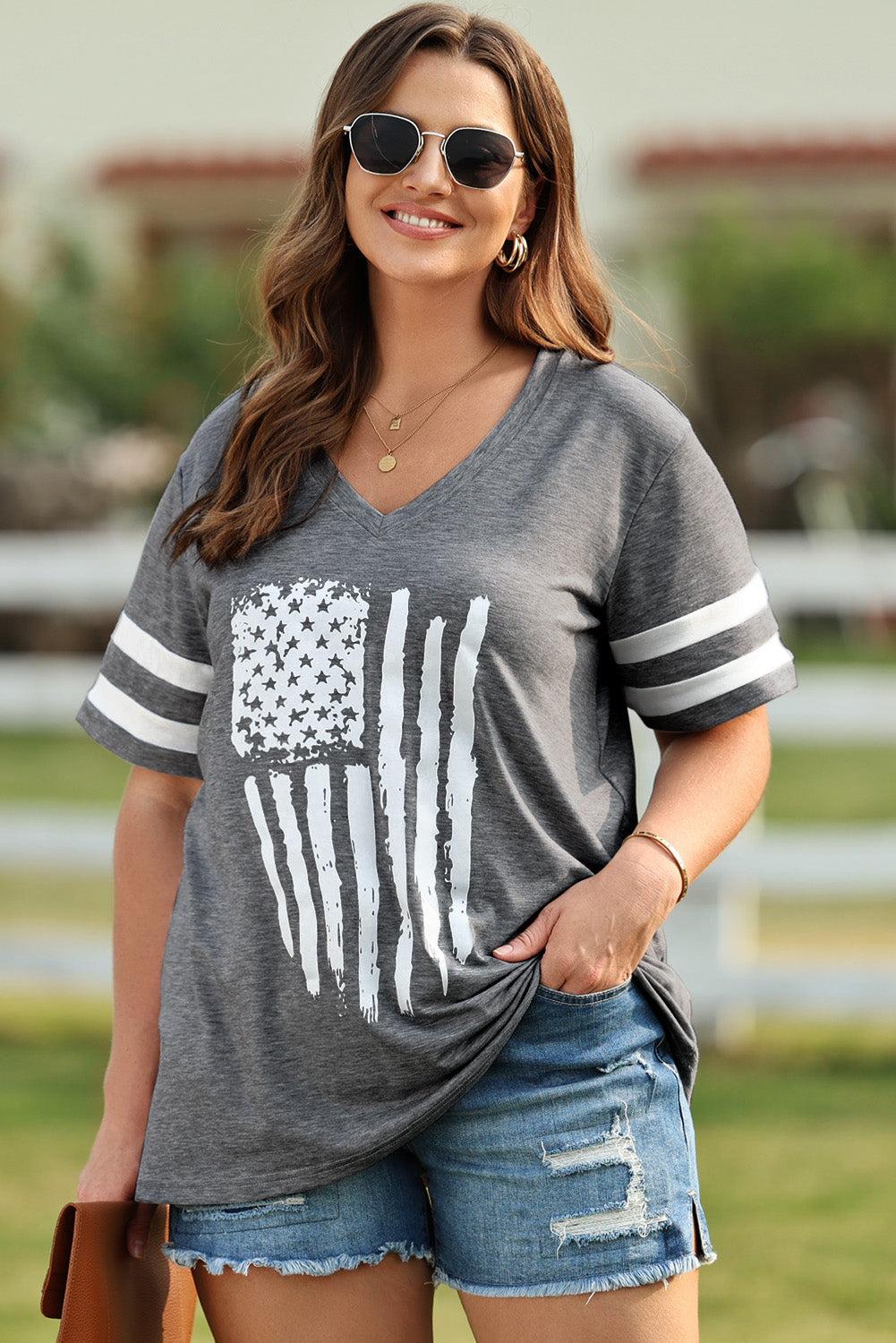 Plus Size US Flag Tee V-Neck T-Shirt for Women - Redemption By Ashley North