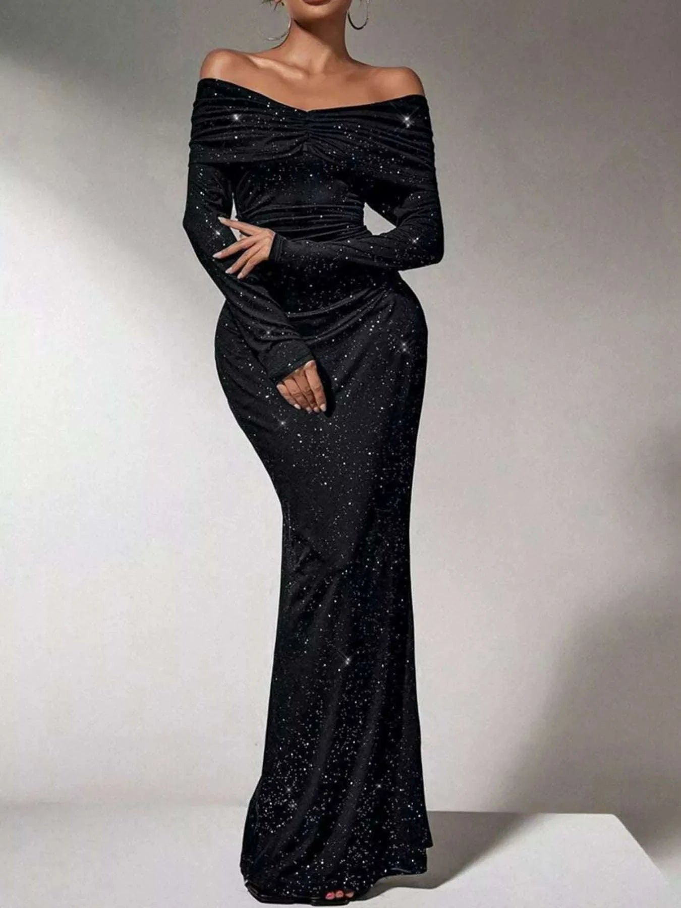 Off-Shoulder Glitter Evening Maxi Dress.