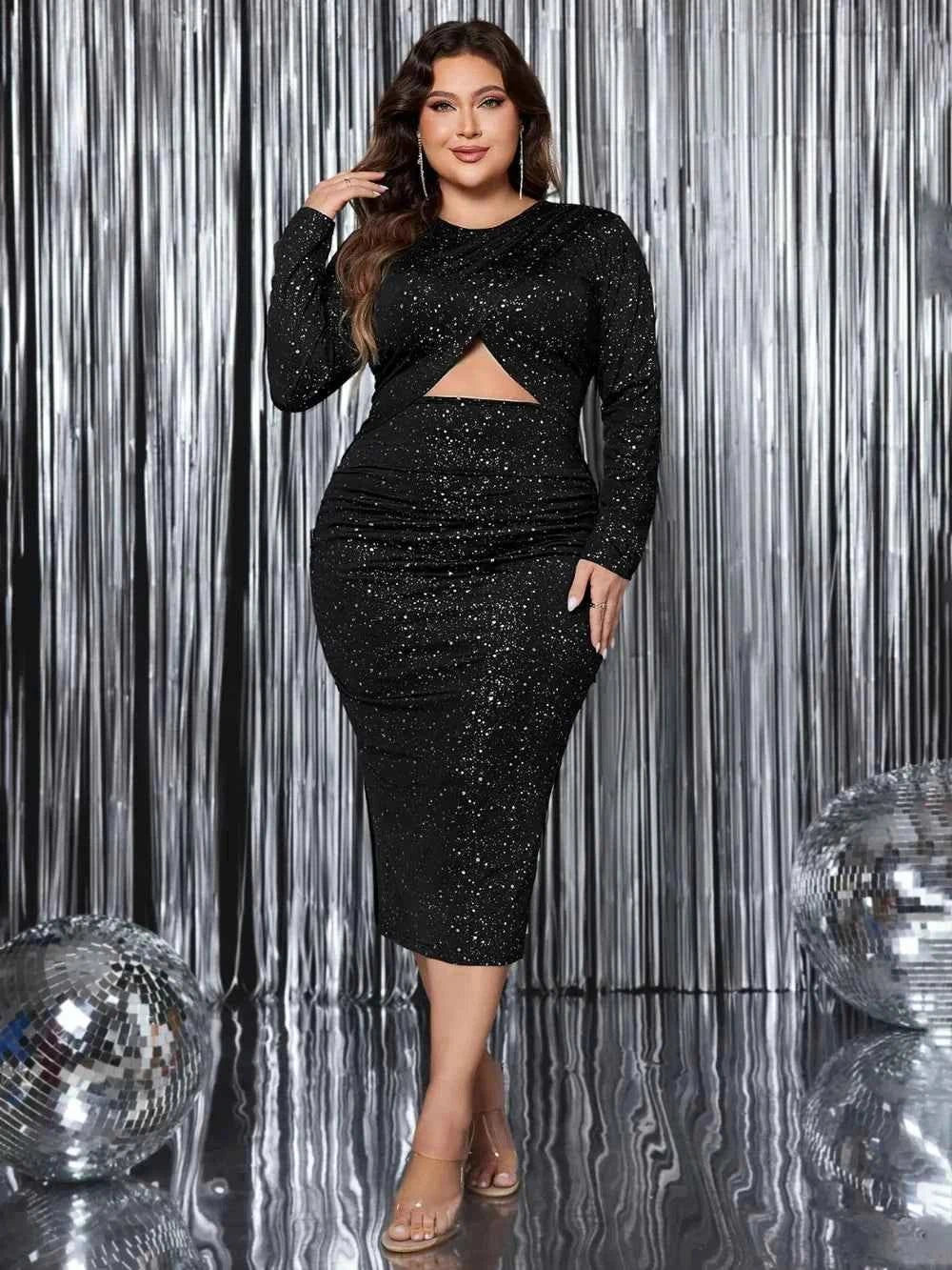 Honey Plus Size Cutout Dress with Slit and Round Neck Long Sleeve - Redemption By Ashley North