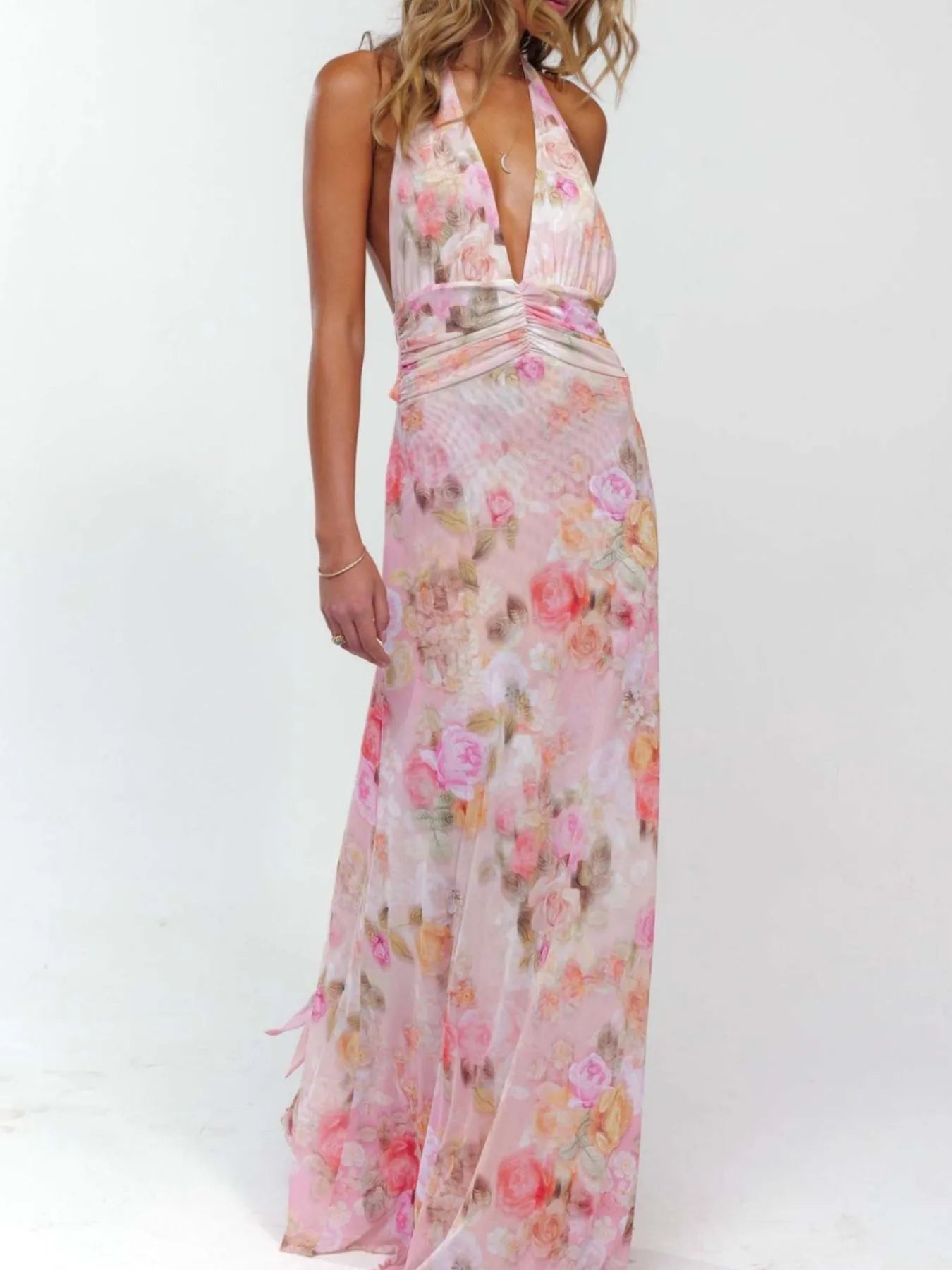 Floral Maxi Dress with Halter Neck and Deep V Design.