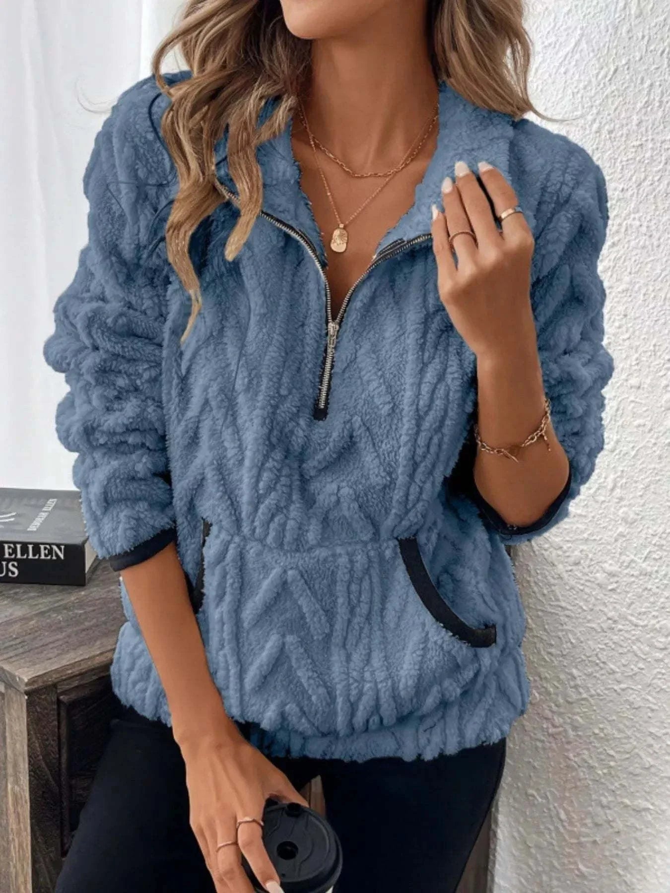 Plus size full size sherpa half zip sweatshirt with pocketed design in blue polyester material