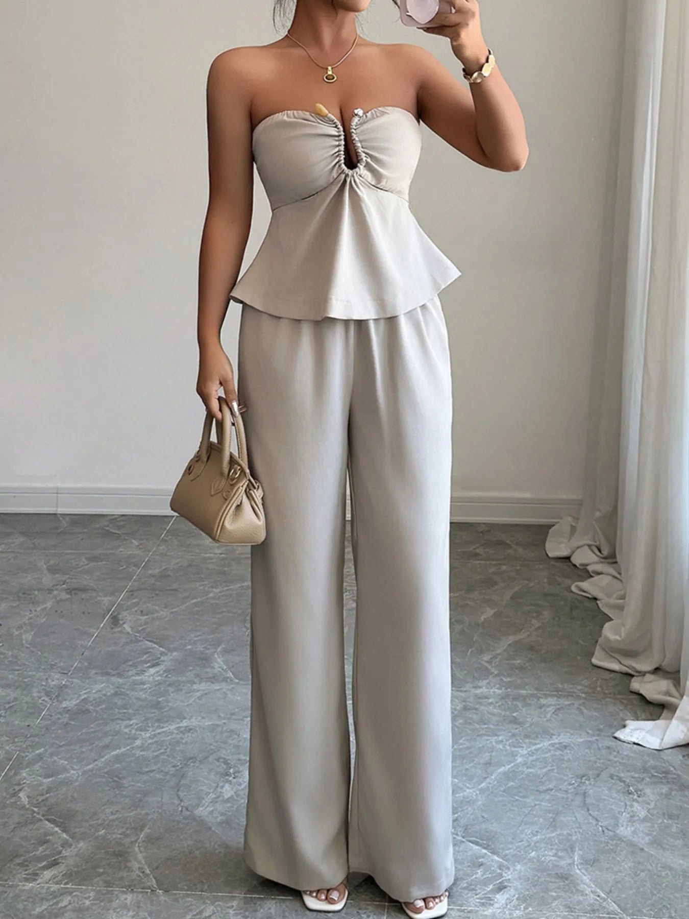 Ruched Tube Top Set with Pants for Effortless Style.