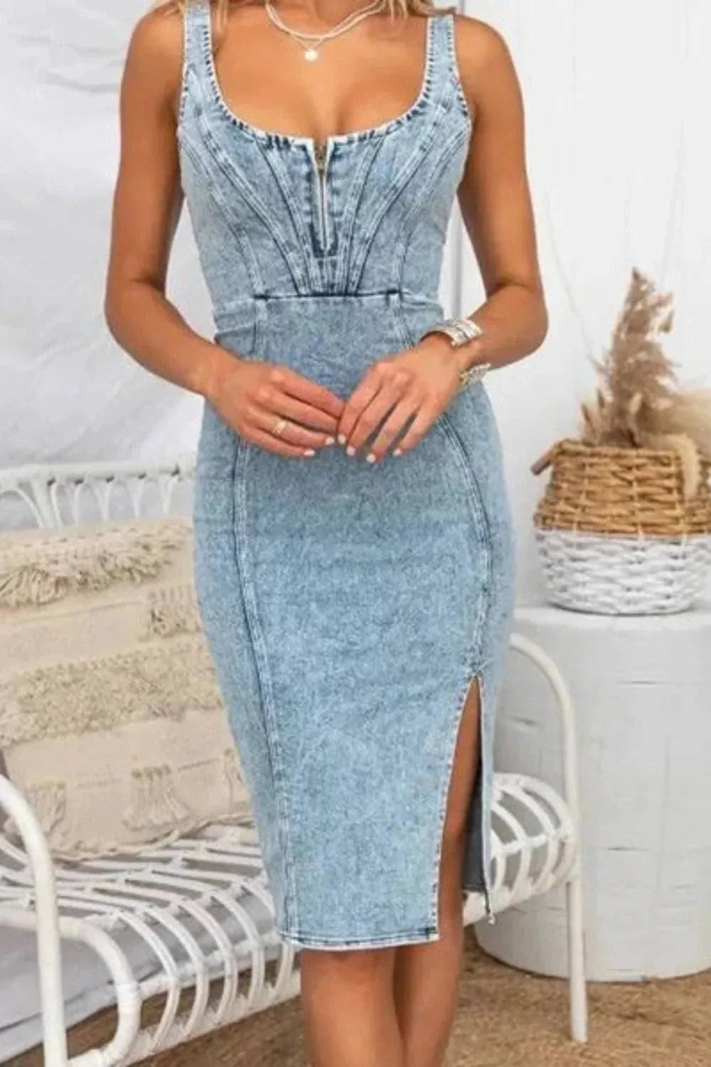 Side Slit Denim Dress with Washed Scoop Neck - Stylish and Trendy Fashion Statement - Redemption By Ashley North