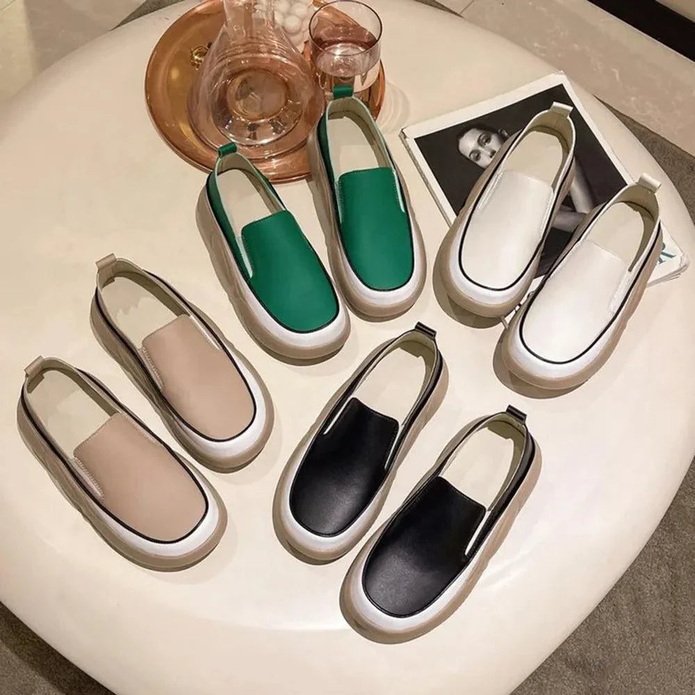 Variety of chunky slip on shoes in green, white, beige, and black colors with thick soles for comfort and style.