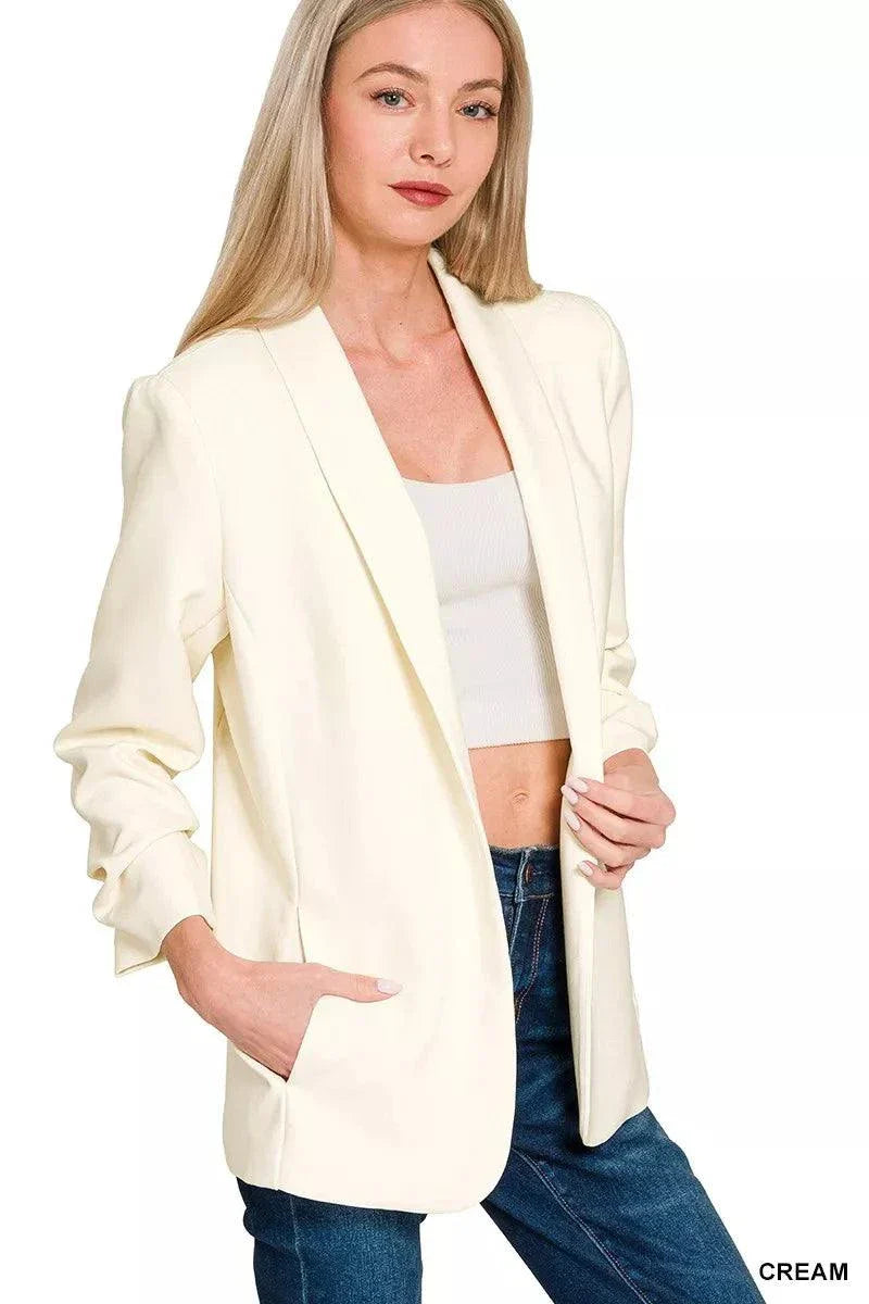 Zenana Woven cream blazer with 3/4 ruched sleeves and open front design