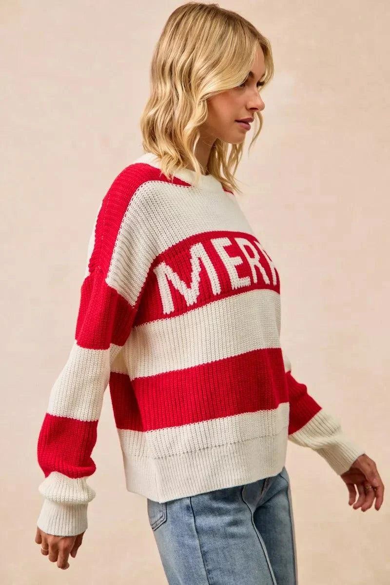 BiBi Christmas Merry Lettering Sweater oversized ribbed knit red and cream pullover with festive MERRY text