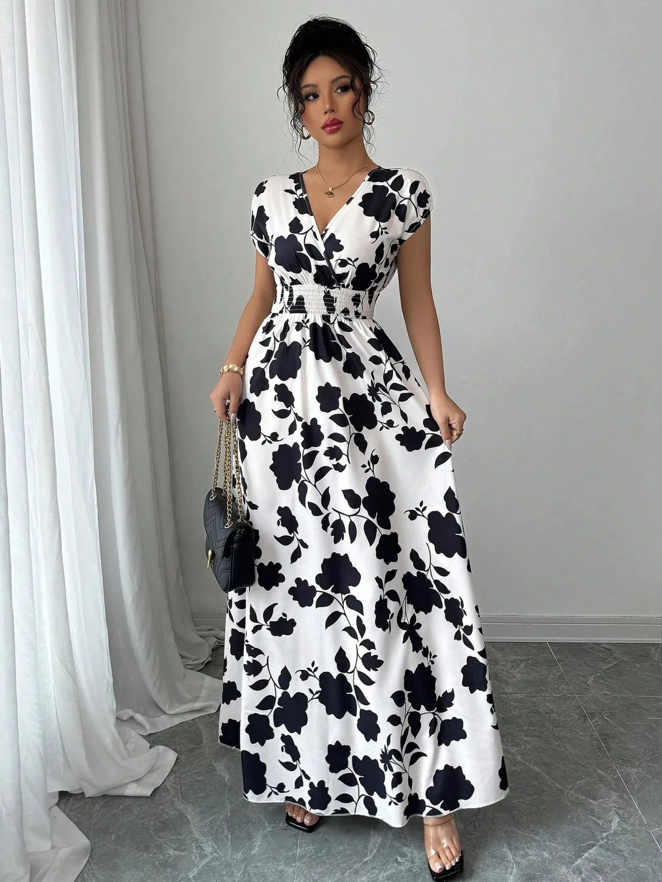 Printed Maxi Dress with Surplice Cap Sleeves - Elegant and Flowy Design - Redemption By Ashley North