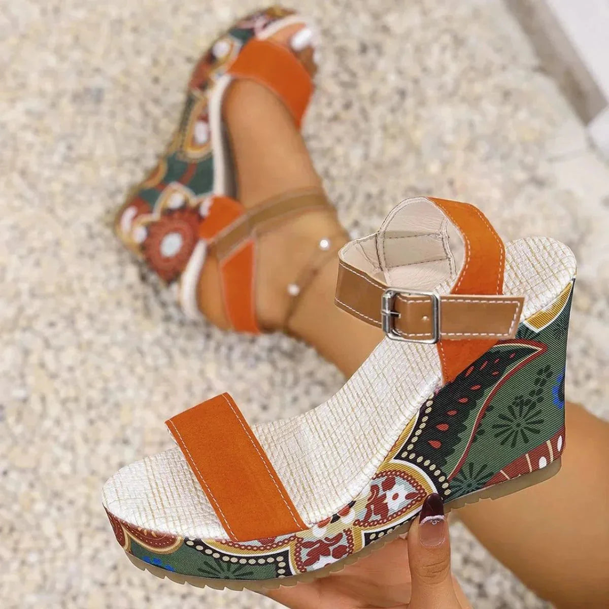 Colorful open toe wedge sandals with adjustable ankle strap and patterned wedge heel for stylish comfort