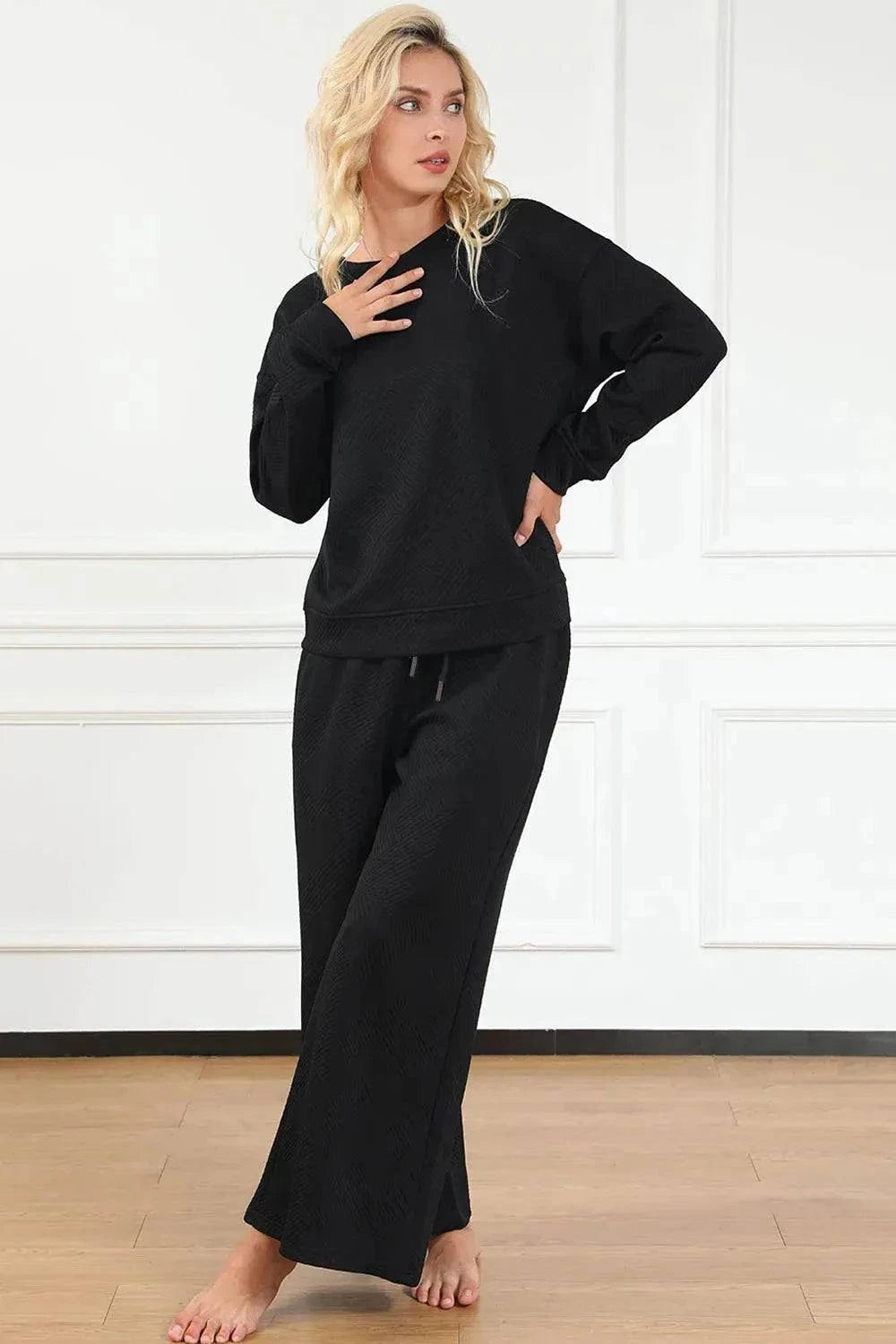 Textured Long Sleeve Set and Pants with Drawstring - Double Take Collection - Redemption By Ashley North