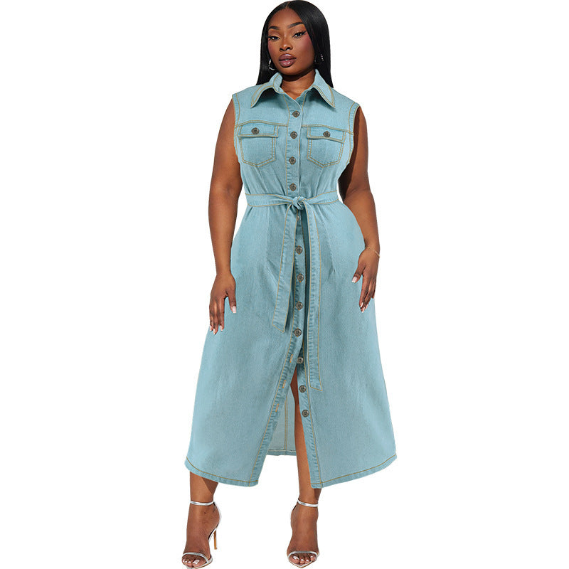 Plus Size Denim Dress - Women's Sleeveless Lace-up Long Dress with Lapel - Redemption By Ashley North