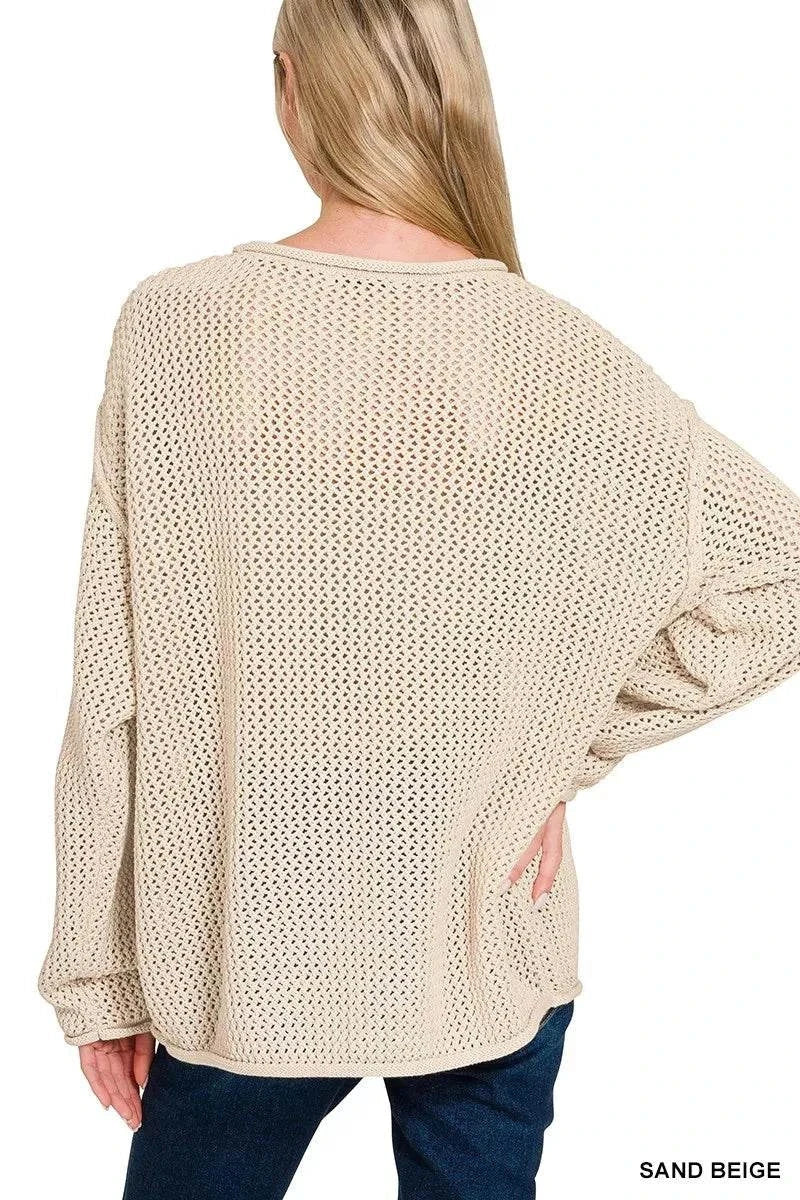 Back view of sand beige openwork American flag crew neck sweater with ribbed cuffs and hem